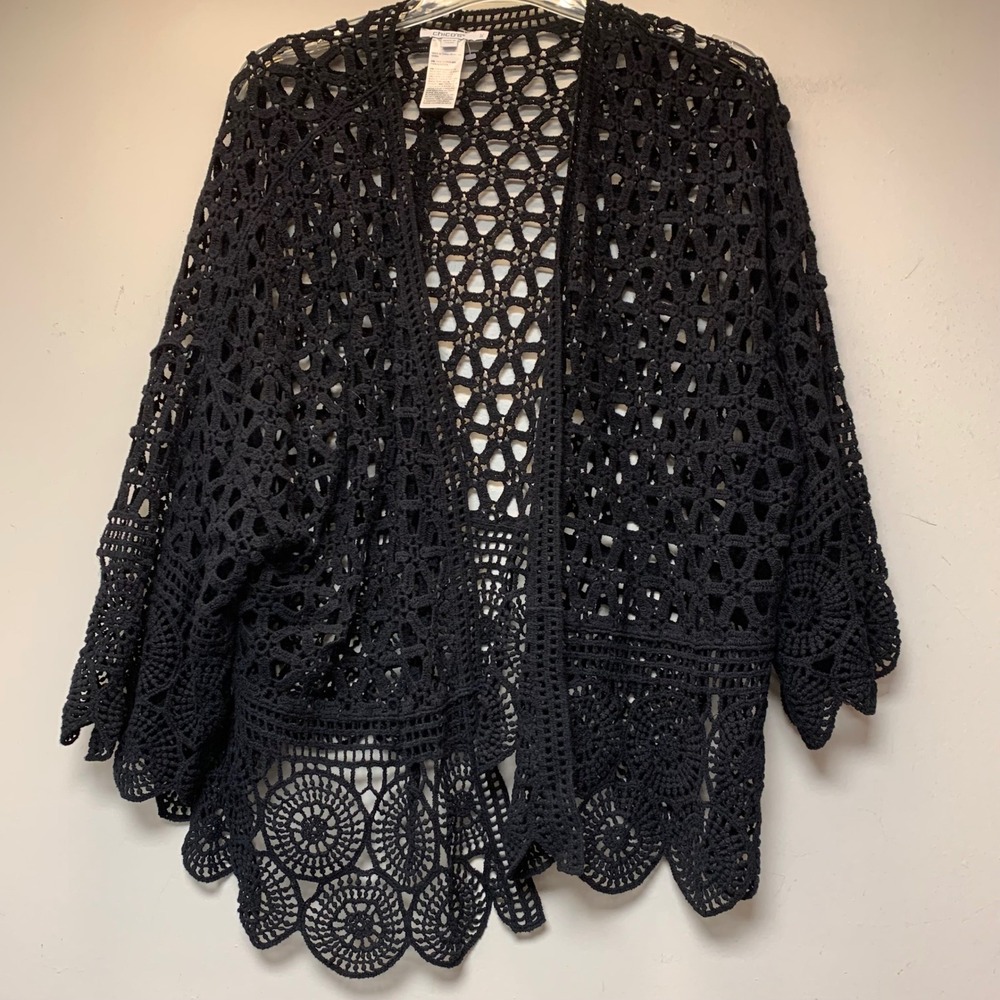 Chico's Crochet Cardigan Women L/XL Black Excellent Open Knit Lace Layering